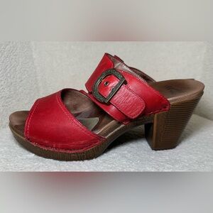 Dansko Red Leather Slide Wedge Sandals Chunky Heel Clog Buckle Boho 2 straps 10